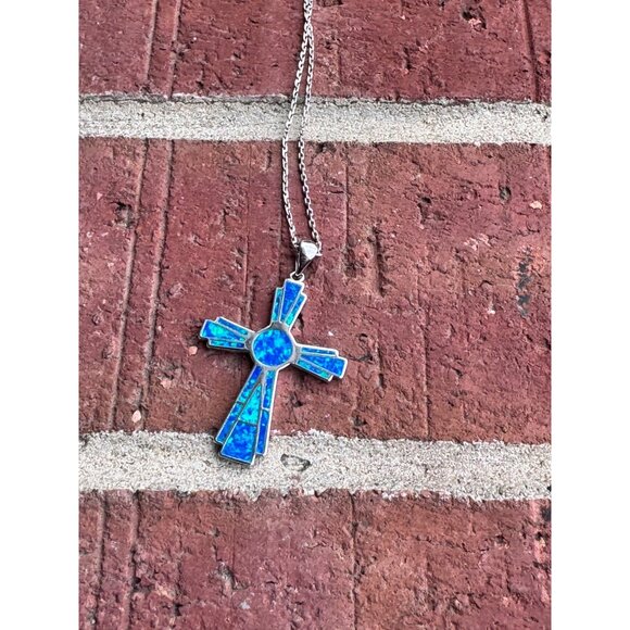 Sterling Silver Cross Pendant Necklace With Blue Opal Inlay 23" Chain For Women - Picture 2 of 8